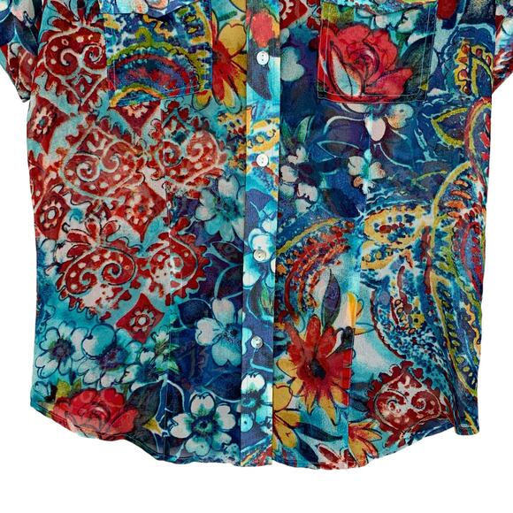 Chicos Shirt Button Front Silk Colorful Sheer Blouse Top Women’s 0 or S 4 - Picture 5 of 9
